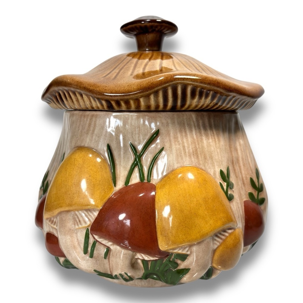Vintage 70's‎ Brown Red Yellow Large Ceramic Mushroom Soup Tureen
